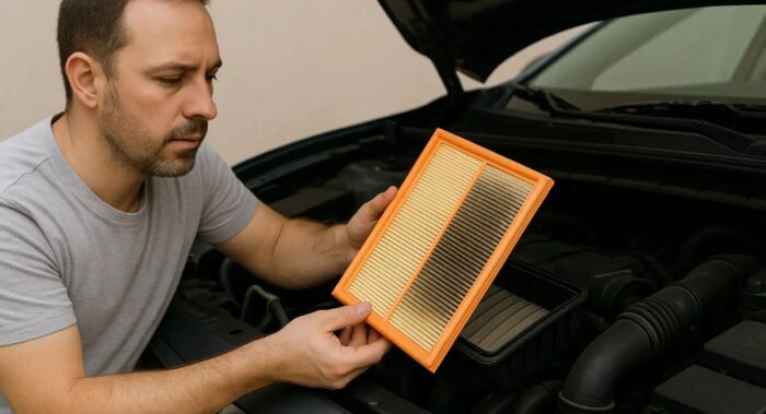 Hombre sigue pasos para cambiar filtro de aire Hombre sigue pasos para cambiar filtro de aire